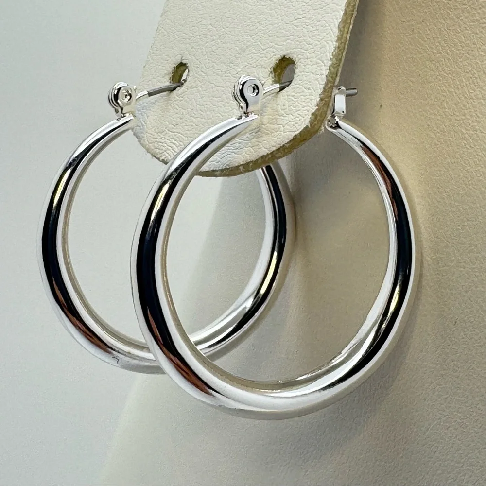 Silver Hoop Earrings Large Classic Polished Nickel Free Timeless
